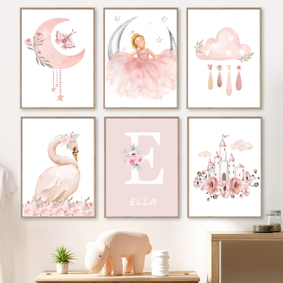Baby Nursery Modern - 핑크 천사 소녀 썬 문 구름
