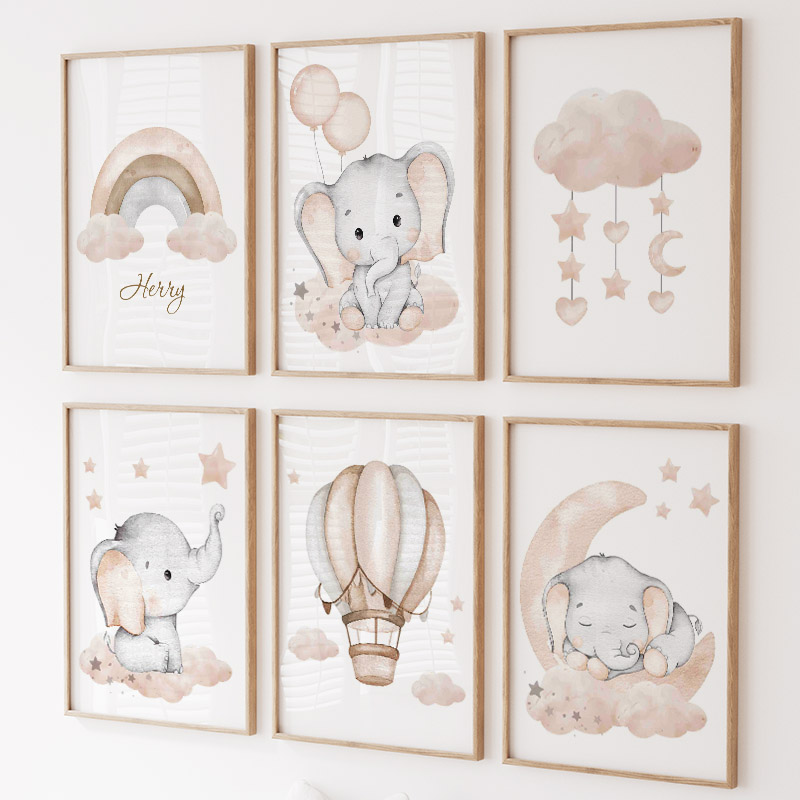 Baby Nursery Modern - 귀여운 코끼리 핫 벌룬 달 무지개