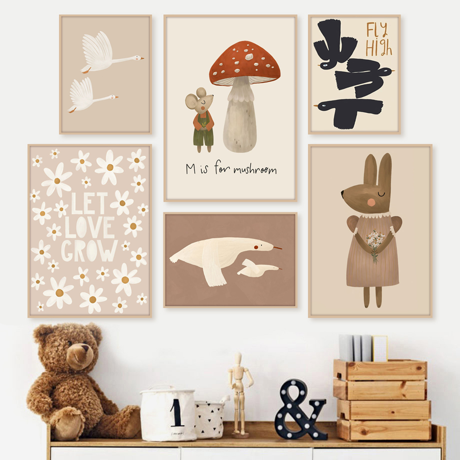 Baby Nursery Picture Frames - Boho 만화 토끼 마우스 거위 포스터