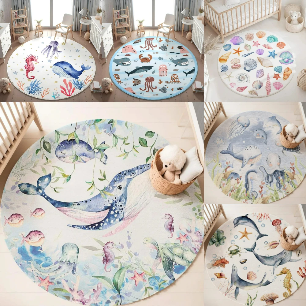 Baby Nursery Games - 푸른색 해양 동물 원형 카펫 (거실,