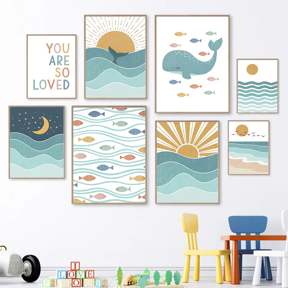 1pc 프레임리스 물고기 고래 갈매기 일출 일몰 해변  - Baby Nursery Quotes Wall Art 리뷰 및 가격