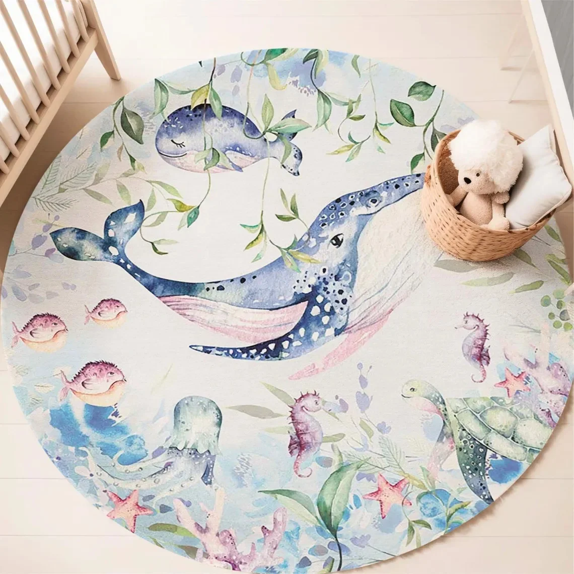 푸른색 해양 동물 원형 카펫 (거실, 여자아이 방, 아 - Baby Nursery Games 리뷰 및 가격
