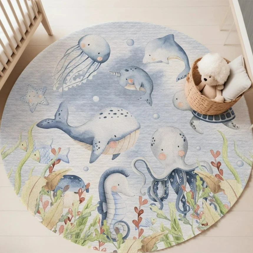 푸른색 해양 동물 원형 카펫 (거실, 여자아이 방, 아 - Baby Nursery Games 리뷰 및 가격